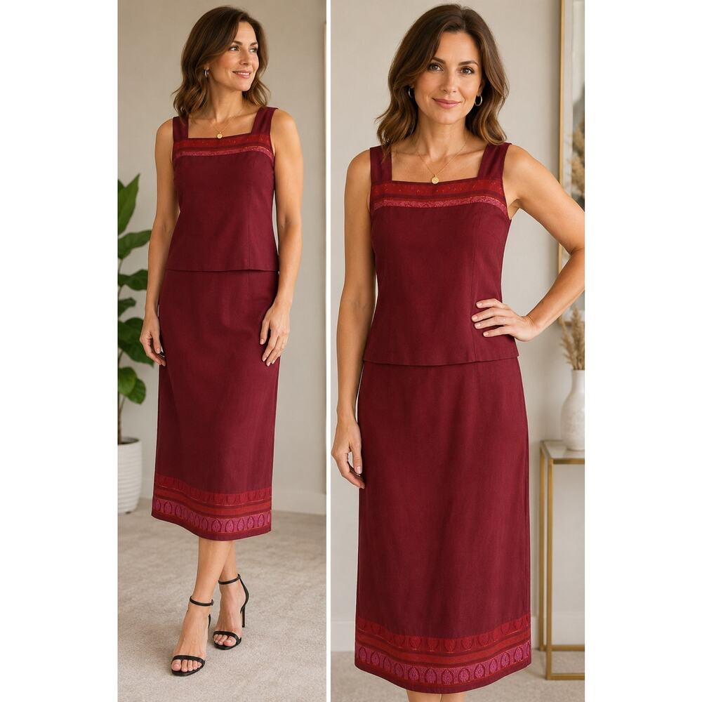 Helene Blake 2 Piece Dress Set Size 10 Burgundy Red Sleeveless Top Midi...